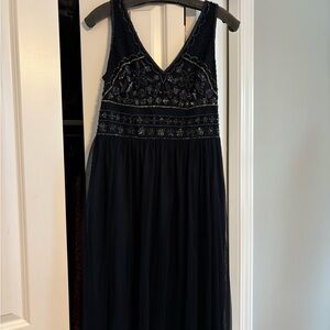 Navy Beaded V-Neck Evening Dress